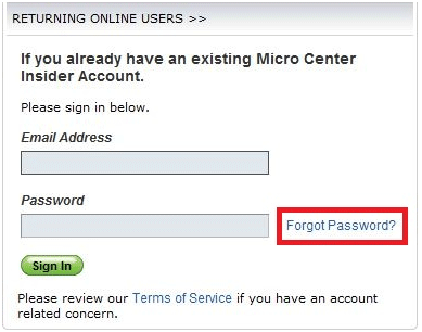 Online Account Sign In Box, Forgot Password